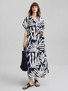 Ontre Women's Teacher Outfit, Independence Day, Women's Airport Fashion, Comfortable Casual Style, Navy Blue, Printed Pattern, Abstract Floral Print, Short Sleeve, Turndown Collar, Women's Long Dress, Flared Skirt, Versatile All-Season Clothing, Daily Wear, Comfortable Casual Dress, 2025 New Arrival, Beach Vacation Bohemian Style Outfit, Summer Ins-Famous Resort Vibe, Exotic Countryside Music Festival Western Vibe, Premium Fabric Comfortable - Navy Blue - View 2