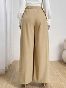 Modelyn Khaki,Autumn,Elegant Unique,Elegent,Office Women's High Waist Wide Leg Pants With Metal Buckle Accent,Pleated Fashionable Casual Soft Trousers - Khaki - View 2