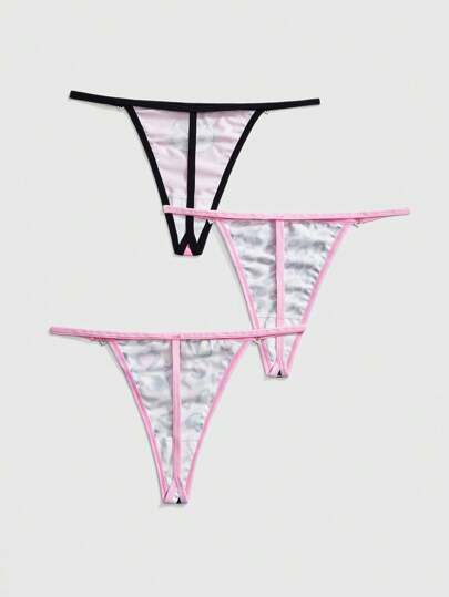 Kawaii 3-Pack Kawaii Kitty & Leopard Print Heart Crystal Decorated Women Thong Panties