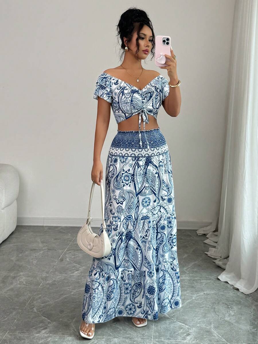 Elenzga 2 Pieces Set: Women's Print Cropped Shirt And Skirt