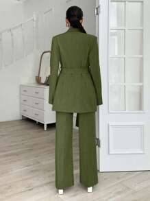 EURMUSE Grey Long Jacket And Straight Pant Two Pieces - Army Green - View 2