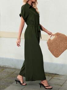 INAWLY Women's Vacation Casual Solid Color Drawstring Waist Jumpsuit - Army Green - View 5