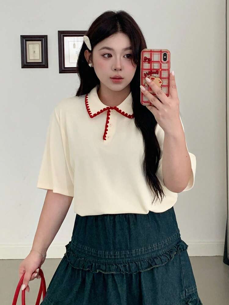 Dazy Plus Contrast Color Collar Polo Neck Loose Casual Short Sleeve T-Shirt For Girls
