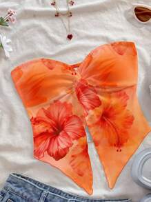 Soleia Casual Resort Style Orange Tie-Dye Tropical Hibiscus Floral Print Sexy Women's Asymmetric Hem Strapless Top, Suitable For Summer Beach Vacation,Tube Top - Multicolor - View 4