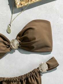 SHEIN Swim Springbreak 女士纯色抹胸贝壳装饰丁字裤比基尼套装，适合海滩度假 - 棕色 - 查看 3