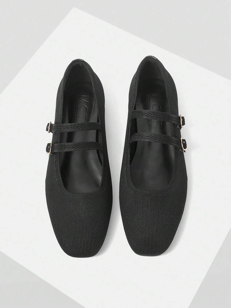 BALLERINE IN PELLE PU NERE CON PUNTA QUADRATA E DOPPIA FIBBIA