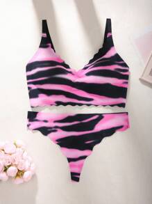 SHEIN Bộ đồ lót viền sóng liền mạch cỡ lớn, in màu tương phản - Nhiều màu - Xem 3
