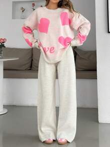 EURMUSE Conjunto de 2 piezas de suéter con cuello redondo, bordado con diseño de corazón y hombros caídos, talla grande pantalones anchos de cintura alta de unicolor tejidos para otoño e invierno para mujeres - Rosa - Ver 4