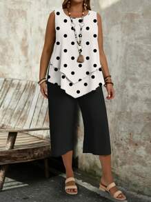 EMERY ROSE 2pcs/Set Women Plus Size Casual Polka Dot Pattern Round Neck Camisole And 3/4 Pants, Summer,Two Piece Set Women - Multicolor - View 1