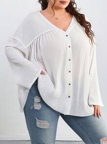 SHEIN CURVE+ Plus Size Women V Neck Single Breasted Long Sleeve Casual Loose Shirtsummer/Country/Beach Vacation Outfits/Beach Outfits/Beach Wear