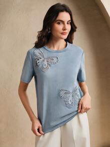 Anewsta 复古度假风格蝴蝶刺绣镂空半透明女式T恤 - 藍色 - 查看 3