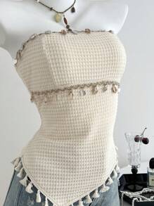 Elamini Top sin mangas con estilo de poncho y bajo con flecos en contraste, para primavera/verano
