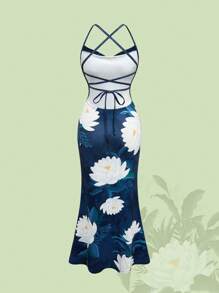 The White Lotus Vacation Lotus Print Draped Open Back Cami Dress For Women