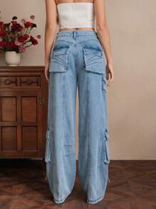 Savoree Retro Fashion Women's Flare Denim Cargo Pants - Blue - View 2