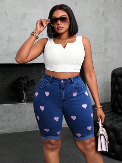 SHEIN SXY 夏季女式加大码心形刺绣短裤