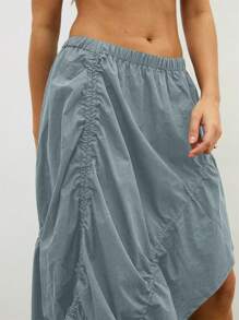 COUREZ 不对称褶皱长裙 / 女士夏季穿搭 Y2K 夏季下装 夏季外出穿搭 100%纯棉 - 藍色 - 查看 7