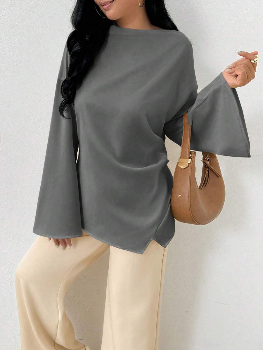 INAWLY 女士优雅中长款中式喇叭袖衬衫，适合工作和日常穿着 - 灰色 - 查看 1