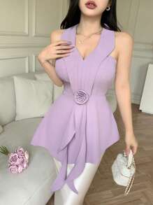 Modelyn Women's Sleeveless Solid Color 3D Floral Decor Elegant Blouse