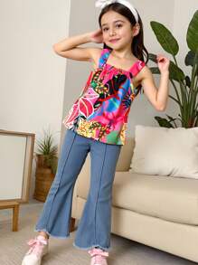 SHEIN Young Girl Palm Tree Print Camisole & Flared Pants 2-Piece Set - Blue - View 3
