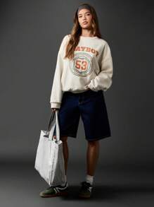 Missguided x Playboy Varsity Style Collegiate Sweatshirt Circle Logo Number Print Casual Retro Fall Winter Pullover Soft Oversized Streetwear - Beige - View 4