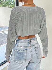 SHEIN EZwear Elegante suéter corto de mujer de punto acanalado gris con bajo asimétrico y mangas largas para un estiloso uso por capas, suéter de punto en otoño/invierno - Gris - Ver 2