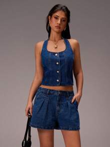 Avantive Nuevo conjunto de verano de dos piezas de minifalda y top sin mangas con cuello halter en estilo de jean, sexy estilo callejero - Azul lavado oscuro - Ver 1