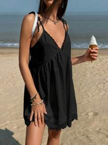 Jouncy Women's Contrast Lace Sexy Mini Cami Dress For Summer Vacation - Black - View 5