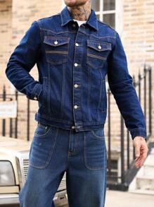 Manfinity Homme Men Street Wear American Casual Military Style Long Sleeve Single Breasted Pocket Casual Denim Jacket, Fall - Dark Wash - View 5