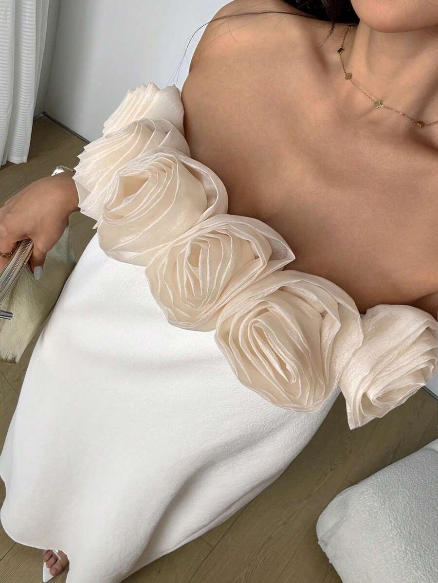 INAWLY Plus Strapless Stereo Floral Dress - Apricot - View 1