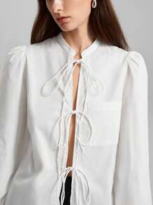 Ontre Áo cánh thanh lịch tay dài thắt nơ phía trước ngày lễ tình nhân màu trắng mới 2025 cho nữ mùa xuân - trắng - Xem 9