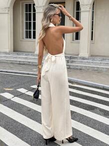 SHEIN Frenchy Women's Fashion Holiday Casual Romantic Halter Backless Jumpsuit Summer - Apricot - View 2