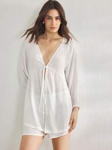 Ocili 休闲女士休闲柔软纯色插肩袖上衣和短裤睡衣套装 - 白色 - 查看 5