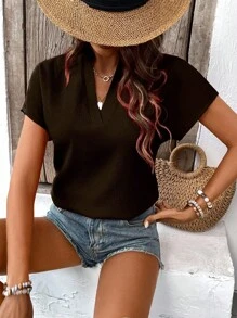 SHEIN LUNE Women's Summer Simple Solid Color Notch Collar Batwing Sleeve Blouse - Coffee Brown - View 4