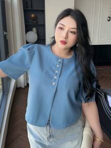 Dazy Plus Plus Size Solid Color Round Neck Short Buttoned Decorative Short Sleeve Shirt, Back To School Clothes - Blue - View 5