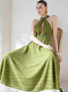 SHEIN Privé Váy suông trễ vai tua rua hở lưng hở eo sang trọng cao cấp phong cách Pháp thanh lịch cho kỳ nghỉ của phụ nữ - màu xanh lá - Xem 3