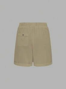 EMERY ROSE Plus Size Resort Washed Cotton Cinched Waist Backside Pocket Button Decor Women Shorts - Camel - View 2