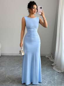 Selianne 女士优雅长款无袖圆领 A 字形连衣裙，斜腰褶饰细节，蓝色针织面料，春夏 - 藍色 - 查看 6