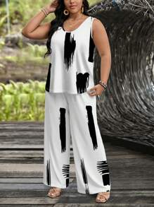 EMERY ROSE Women's Plus Size Summer Casual 2pcs Round Neck Sleeveless Set Fall Clothes,Spring/Vacation - White - View 7