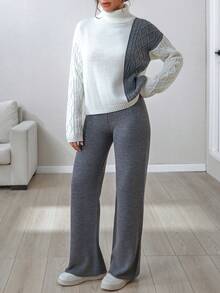 EURMUSE 休闲高领拼色麻花针织灯笼袖毛衣和纯色素色高腰阔腿针织裤两件套秋冬女装 - 杏色 - 查看 3