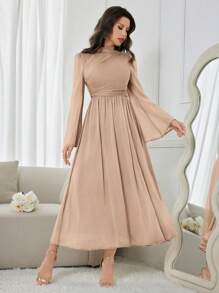 Modelyn Đầm dài tay đơn giản hàng ngày màu trơn cho nữ Đầm dạ hội dài - Lạc đà - Xem 5