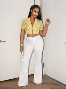 BamGleam Blazer corto de mujer con cuello de solapa, manga corta, abotonadura simple y encaje