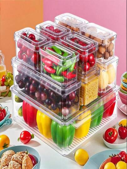 SHEIN Organizador de refrigerador, bandejas apilables con tapa para organizar el refrigerador, contenedores de almacenamiento para frutas, alimentos, bebidas, verduras, herramientas de almacenamiento de plástico transparente