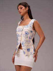 SHEIN Forever 21 女式春季简约度假条纹印花无袖亚麻衬衫 - 藍白色 - 查看 5