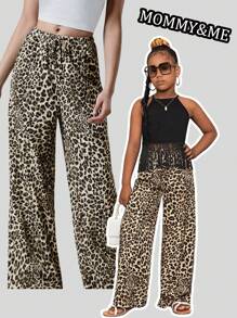 SHEIN Tween Girl Casual Chic Woven Leopard Print Straight Leg Pants, Mommy And Me Matching Outfits (2 Pieces Sold Separately)