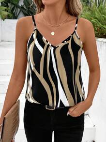 SHEIN Clasi Elegant Women's Printed Camisole Top For Summer,Abstract Printing Summer For Women - Khaki - View 3