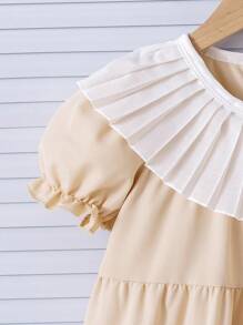 Girls Young Girl Casual Ruffled Collar, Tiered Ruffle Hem Elegant Dress, Suitable For Vacation, Family Gathering, Outdoor Activities, Spring/Summer - Khaki - View 4