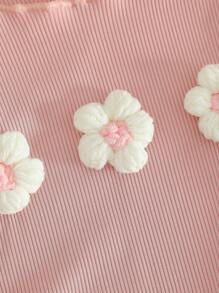 SHEIN 2件套女婴可爱3D花朵装饰连体衣和短袖连体衣套装，夏季女婴高品质服装，新生儿女婴夏季服装