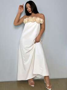 INAWLY Plus Strapless Stereo Floral Dress - Apricot - View 6