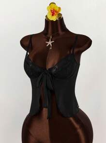 Amplova Áo len cardigan dây nơ ren cúp ngực cho nữ - màu đen - Xem 5