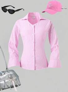 SHEIN Explorewe 女童条纹图案翻领长袖衬衫，百搭休闲纽扣衬衫，适合春秋冬分层穿着 - 粉色 - 查看 8